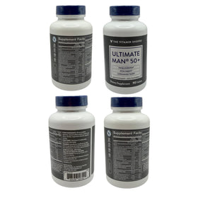 Flacon de multivitamine Ultimate Man 50+ sur une table avec un verre d'eau