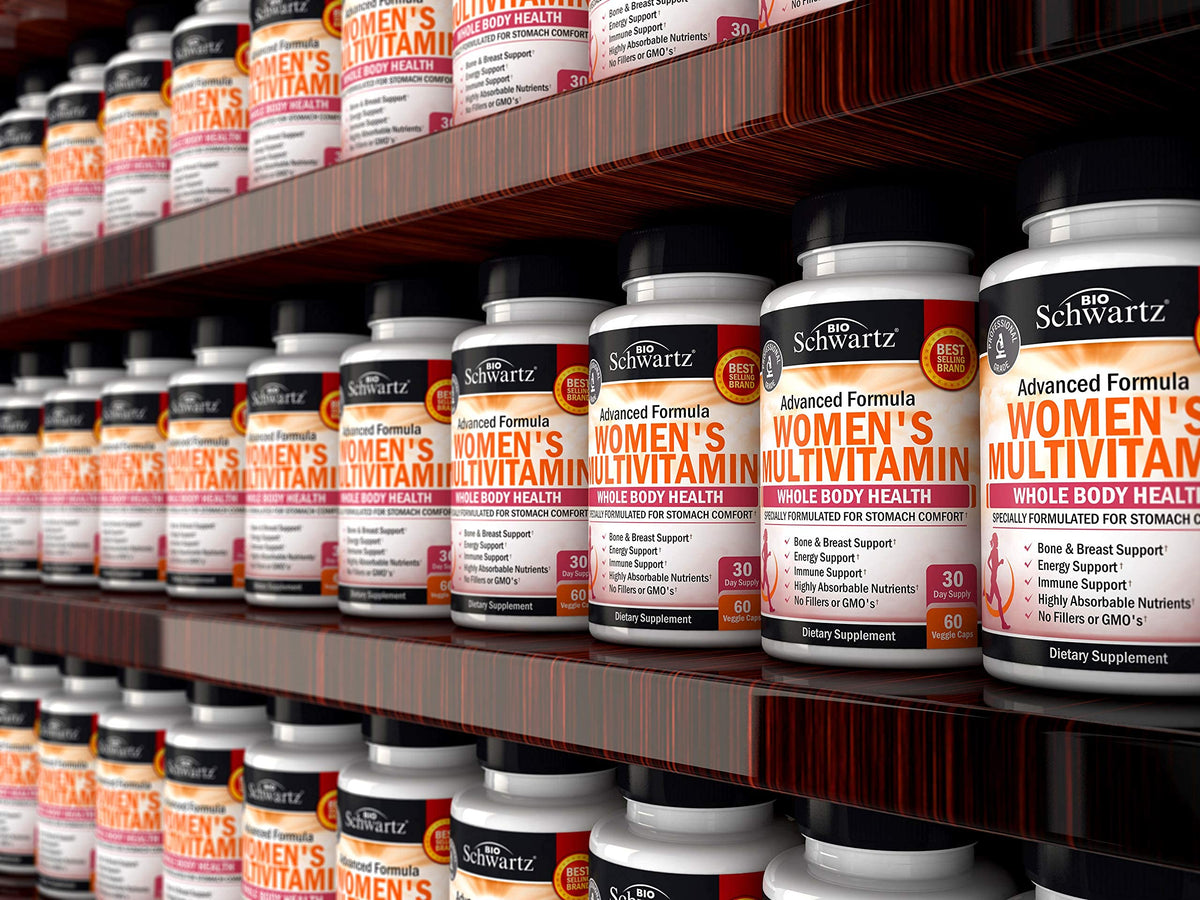 Flacon de multivitamines BioSchwartz avec des éléments de style de vie en arrière-plan