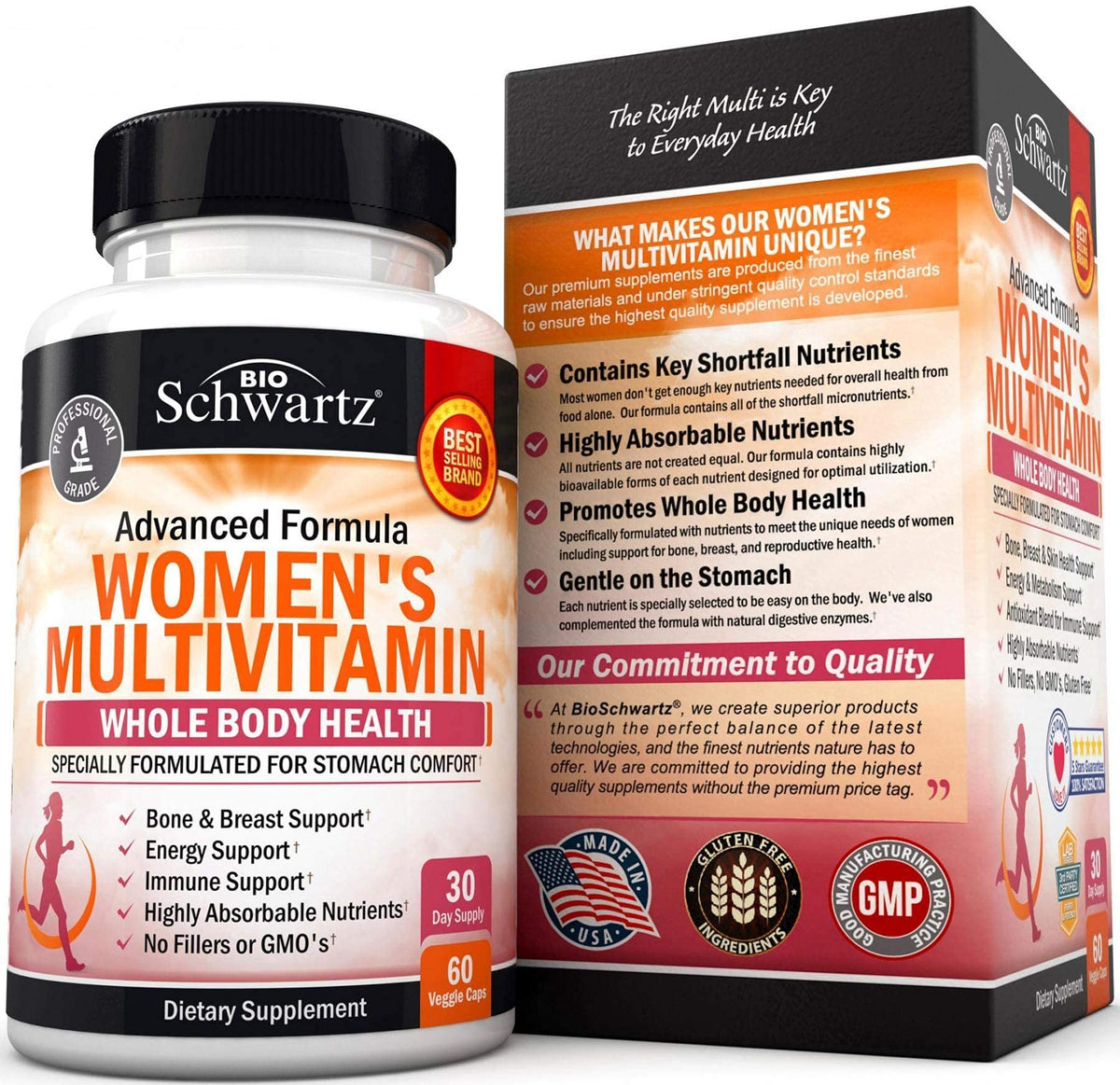Flacon de multivitamines BioSchwartz sur un fond naturel