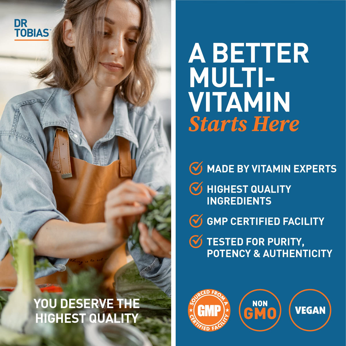 Flacon de multivitamines Dr. Tobias avec fruits et légumes en arrière-plan