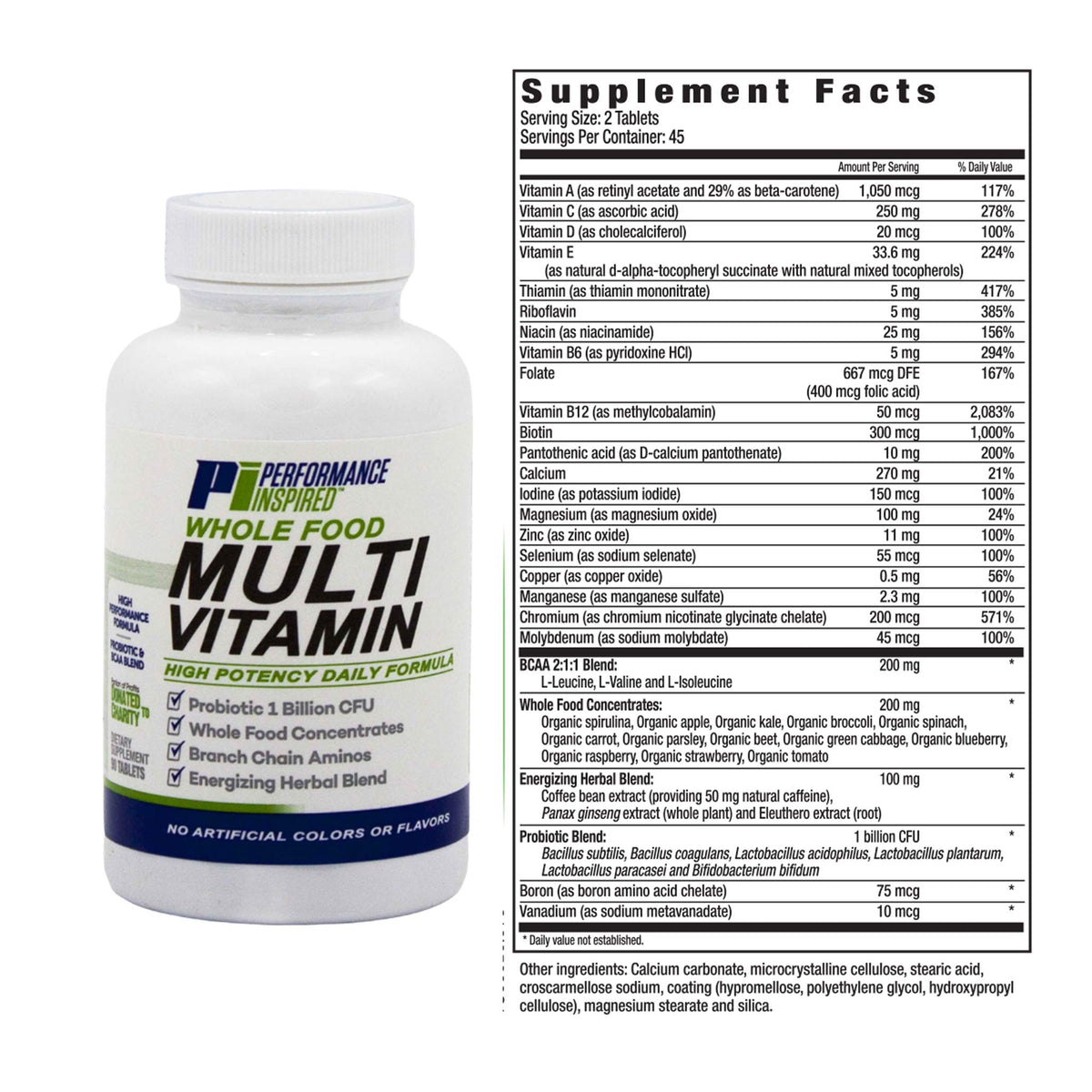 Flacon de Multivitamines Entières PERFORMANCE INSPIRED sur une table en bois