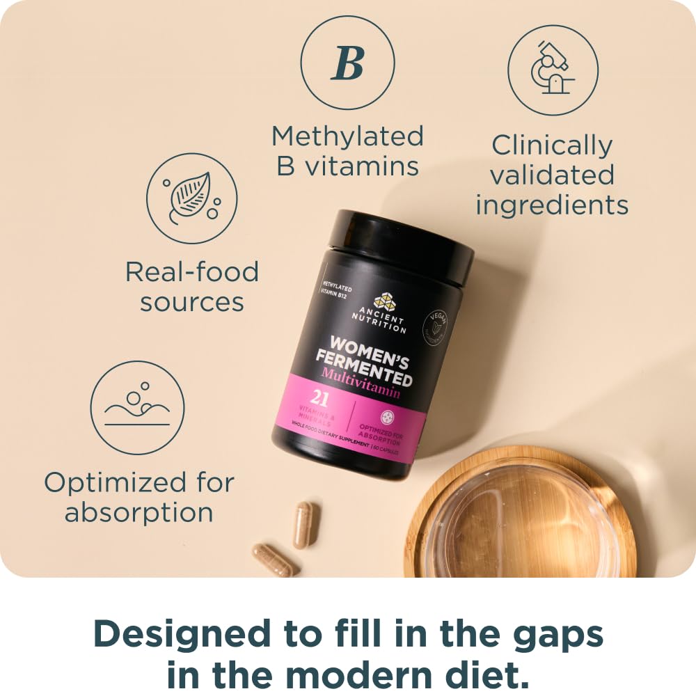 Flacon de multivitamines fermentées pour femmes Ancient Nutrition avec étiquette visible