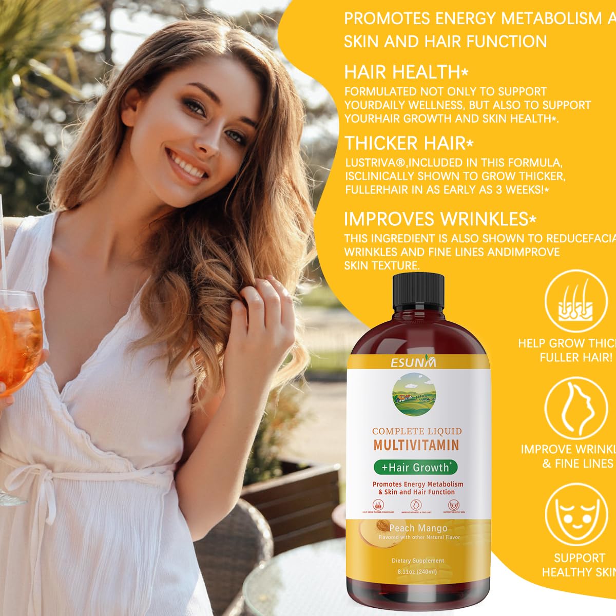 Flacon de multivitamines liquides ESUNM sur une table avec des ingrédients naturels