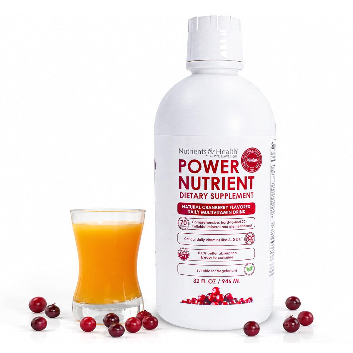 Flacon de multivitamines liquides Rawleigh ouvert avec dose versée