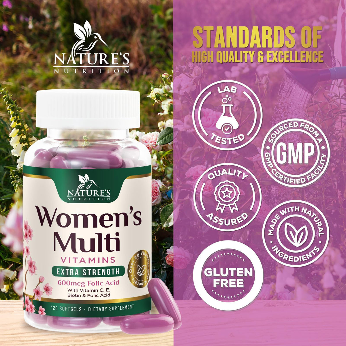 Flacon de multivitamines Nature's Nutrition ouvert avec gélules visibles