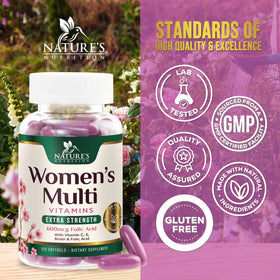 Flacon de multivitamines Nature's Nutrition ouvert avec gélules visibles