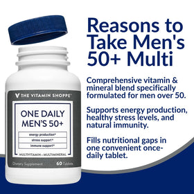 Flacon de multivitamines quotidiennes pour hommes 50+ sur une table