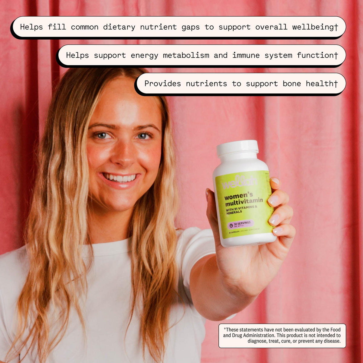 Flacon de multivitamines Wellah sur une table en bois