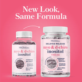 Flacon de Myo-Inositol & D-Chiro Inositol sur une table en bois