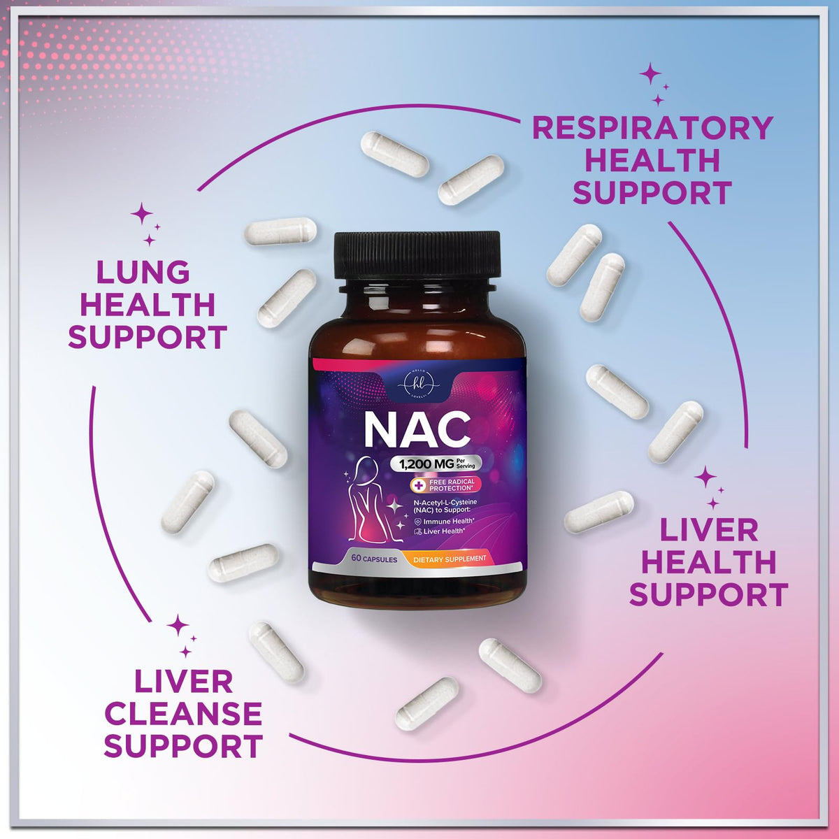 Flacon de NAC 1200 mg sur une surface en bois