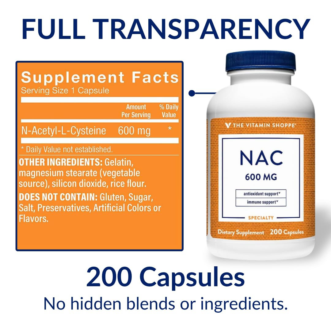 Flacon de NAC 600mg de The Vitamin Shoppe ouvert avec capsules visibles
