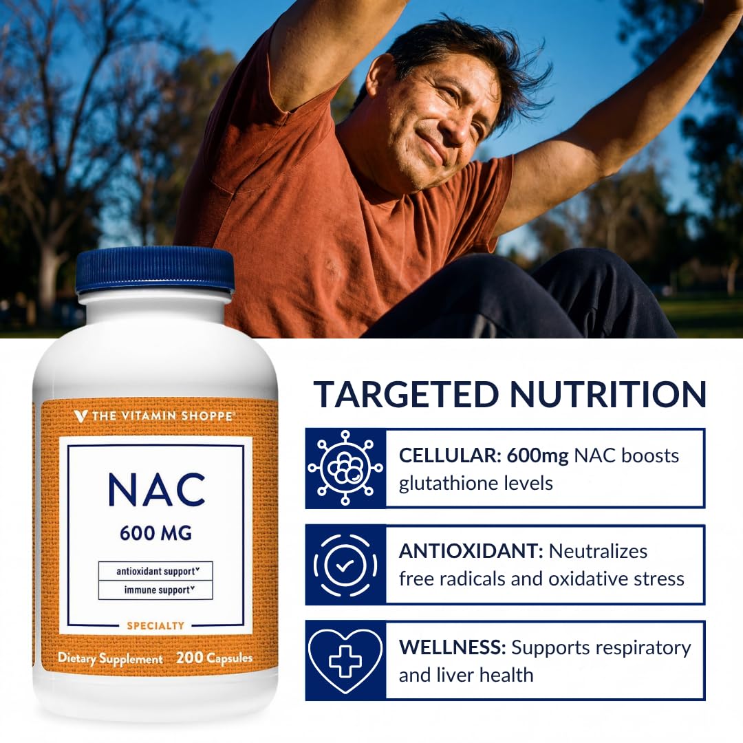 Flacon de NAC 600mg de The Vitamin Shoppe sur une table