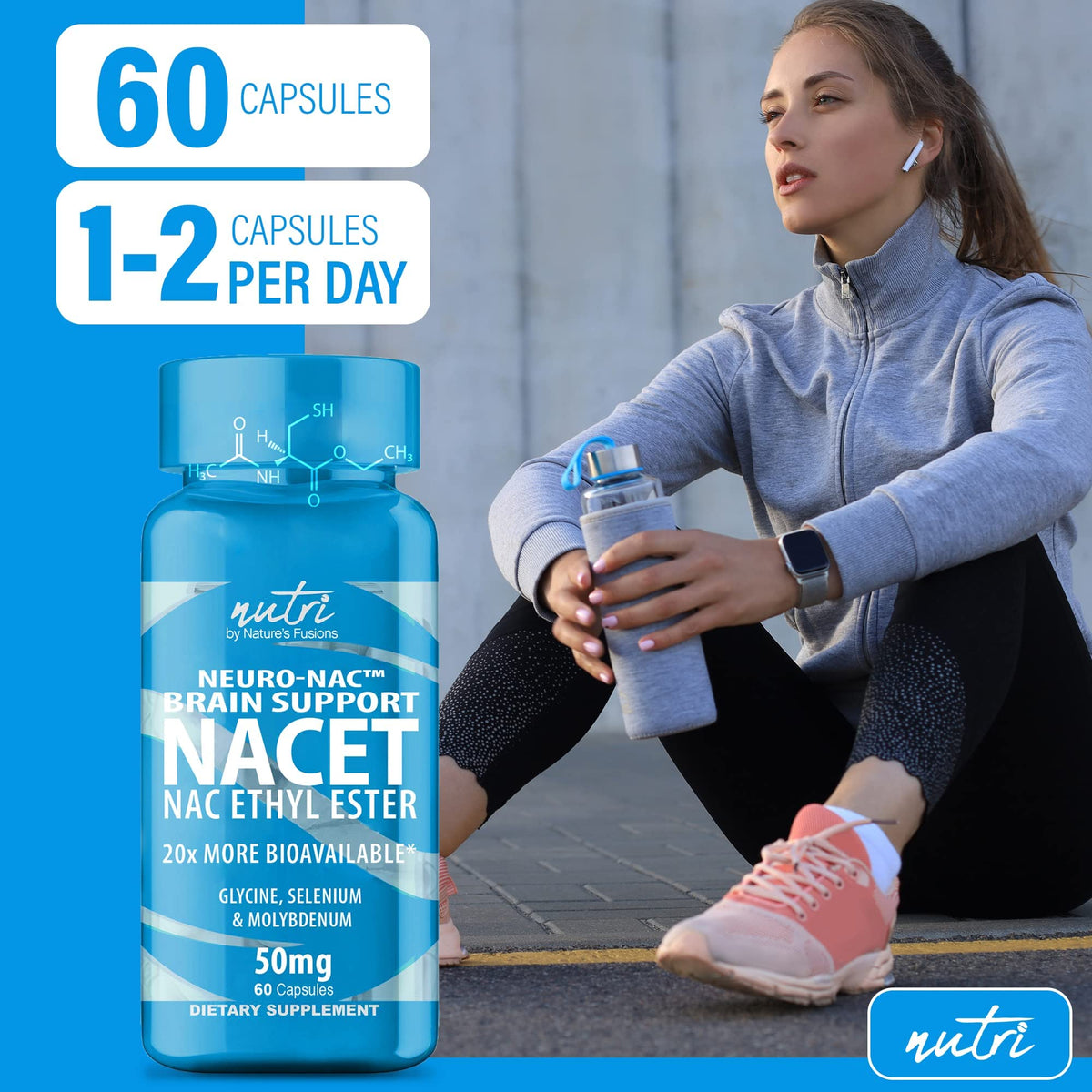 Flacon de NAC N-Acetyl Cystéine Éthyl Ester 600mg sur une table