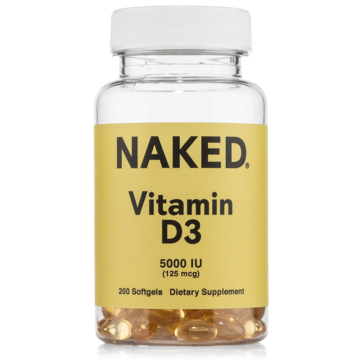 Flacon de NAKED Vitamine D3 5000 IU contenant 200 gélules