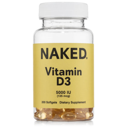 Flacon de NAKED Vitamine D3 5000 IU contenant 200 gélules