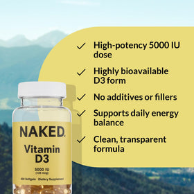 Flacon de NAKED Vitamine D3 avec étiquette visible