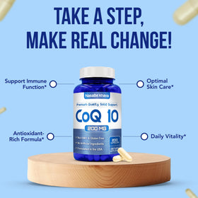 Flacon de NasaBeahava CoQ10 200mg dans un environnement naturel