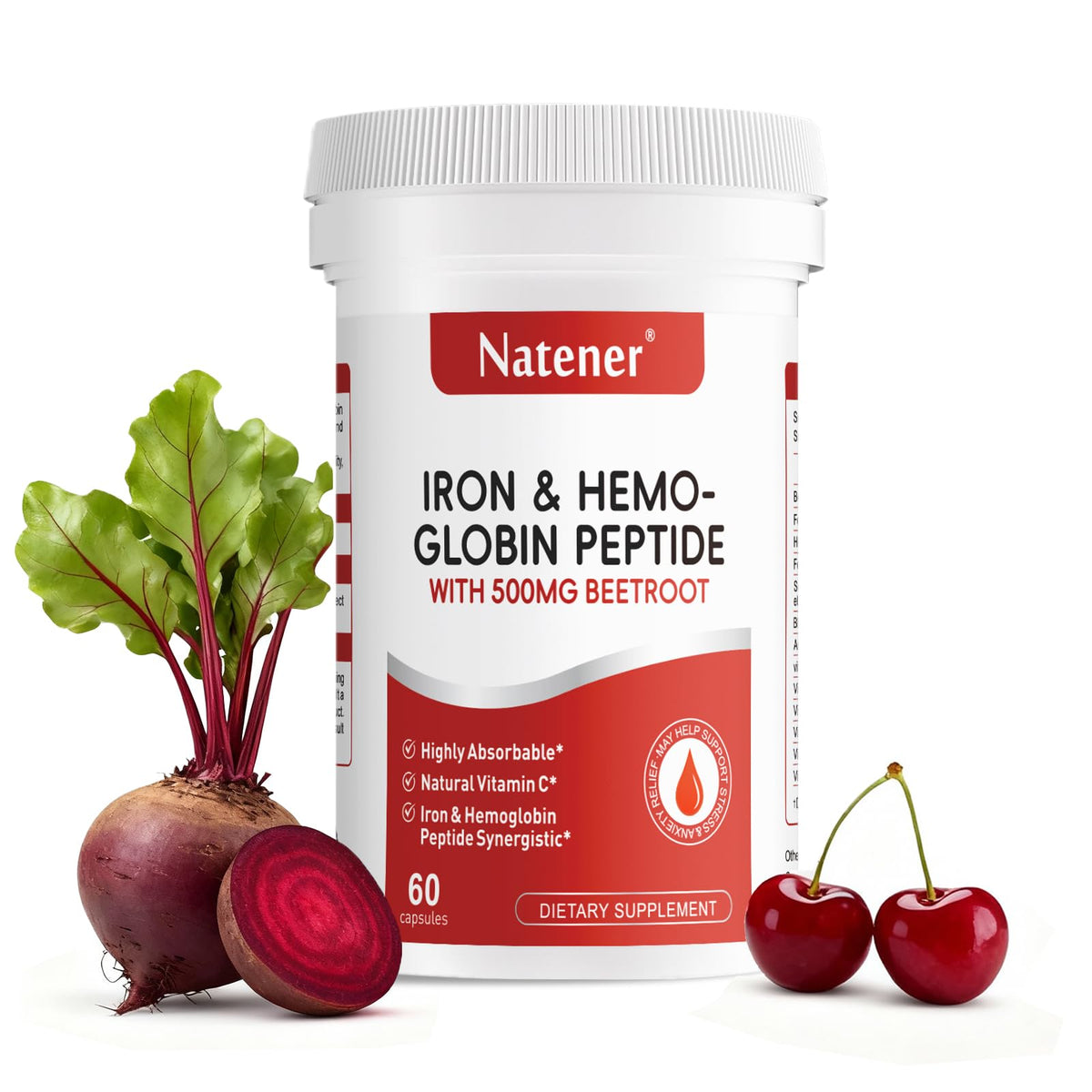 Flacon de Natener Complément Alimentaire Fer 36mg avec Betterave 500mg, vue de face