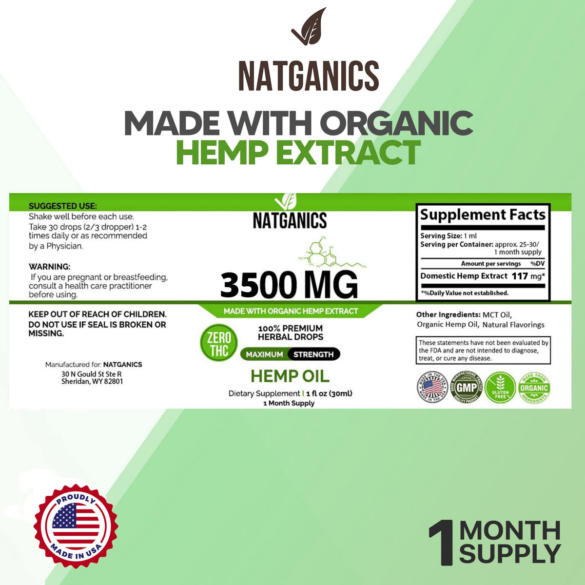 Flacon de Natganics Huile de Chanvre avec étiquette menthe