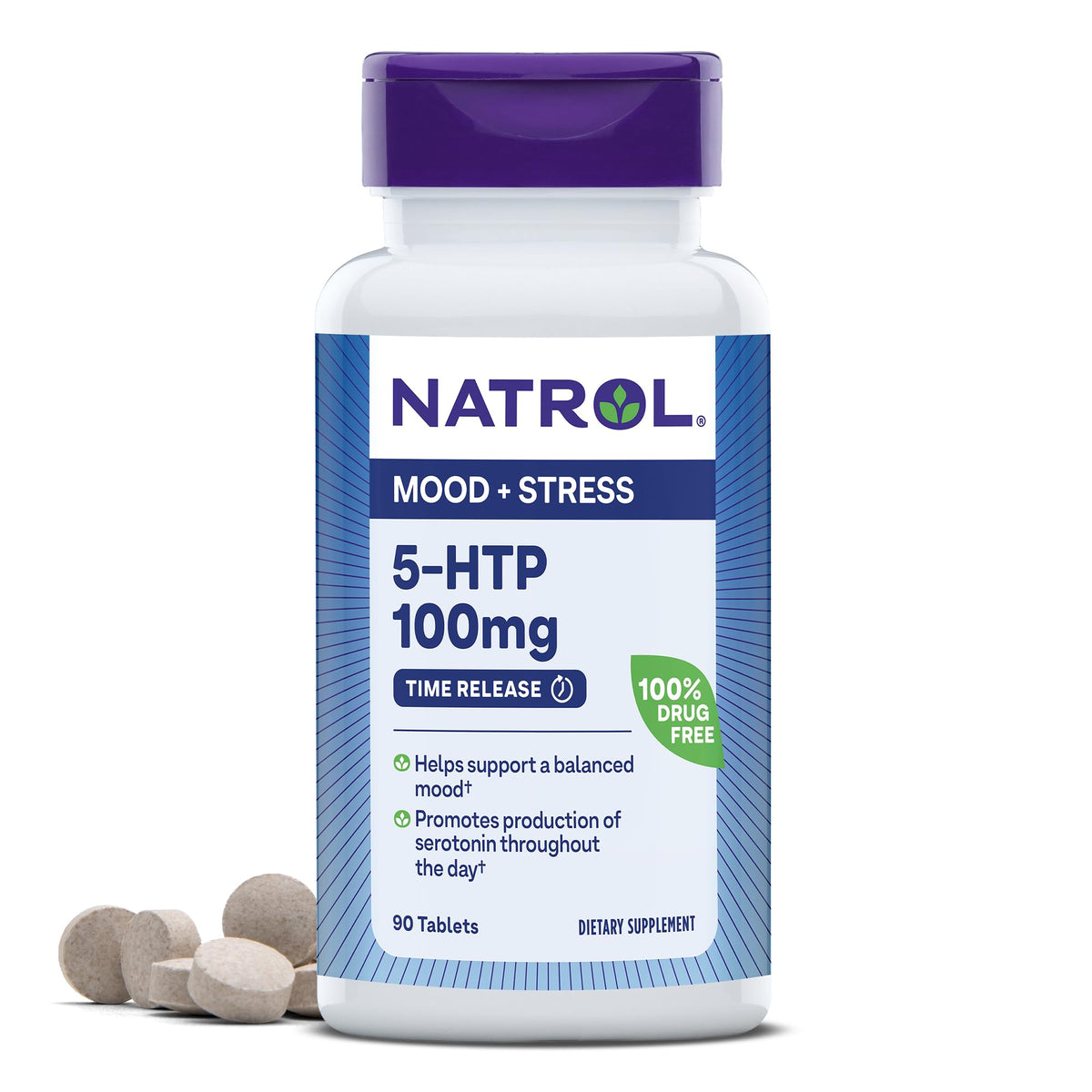 Flacon de Natrol 5-HTP 100mg avec 90 tablettes à libération prolongée