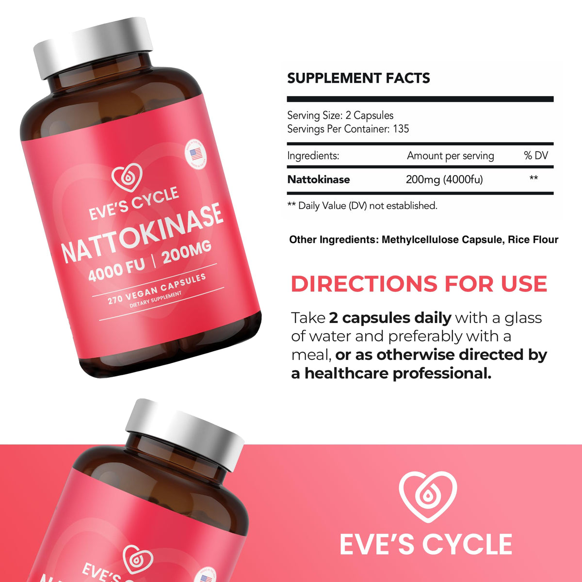 Flacon de Nattokinase d'Eve's Cycle sur un fond de cuisine