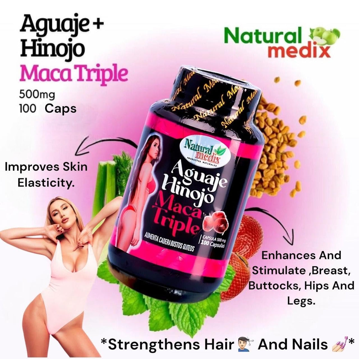 Flacon de Natural medix Aguaje Hinojo Maca Triple avec étiquette