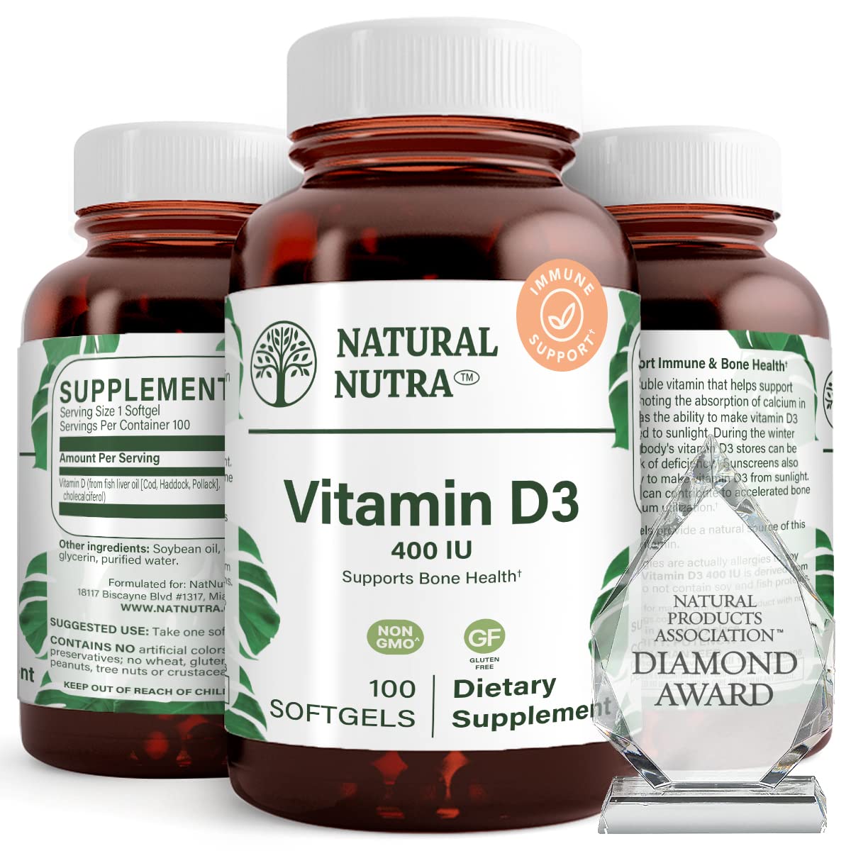 Flacon de Natural Nutra Vitamine D3 400 IU 100 gélules