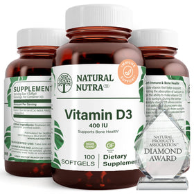 Flacon de Natural Nutra Vitamine D3 400 IU 100 gélules