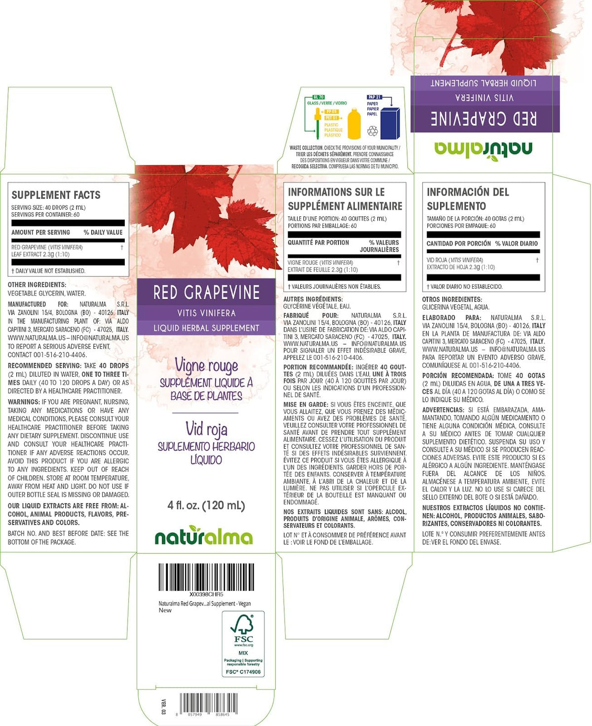 Flacon de Naturalma Extrait de Feuille de Vigne Rouge 4 fl oz côté