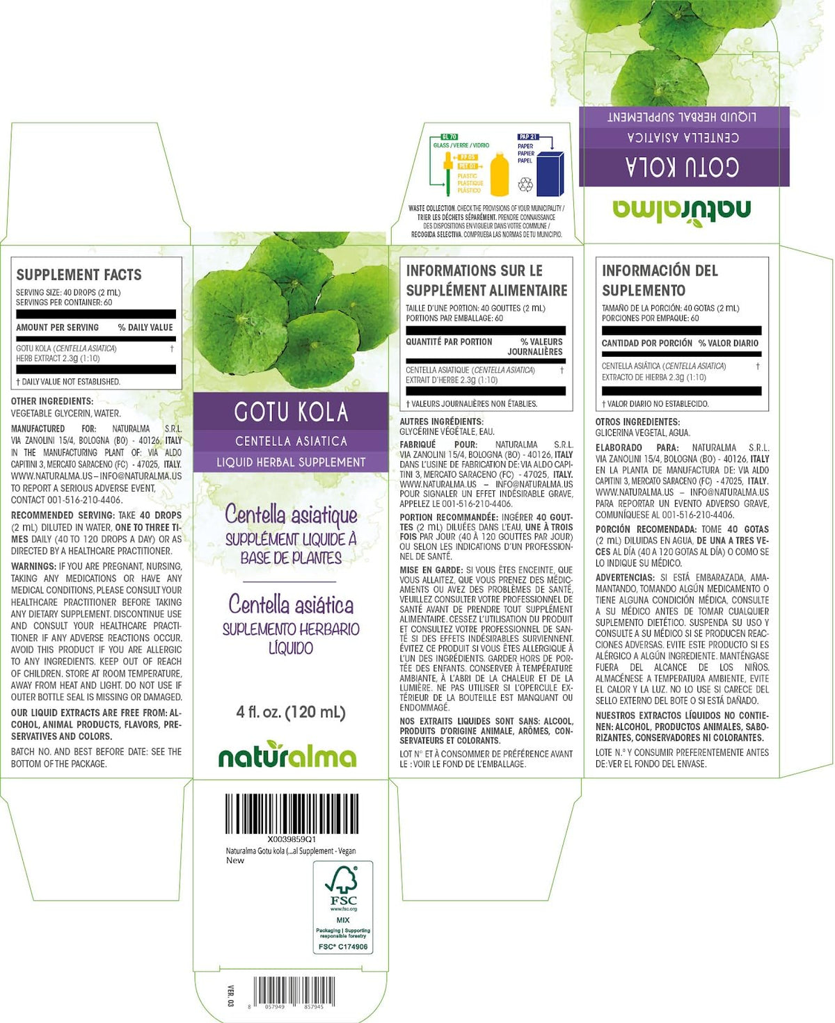 Flacon de Naturalma Gotu Kola avec étiquette, vue latérale