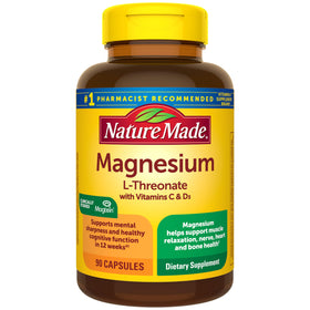 Flacon de Nature Made Magnésium L-Thréonate 90 capsules avec Vitamine C et D3