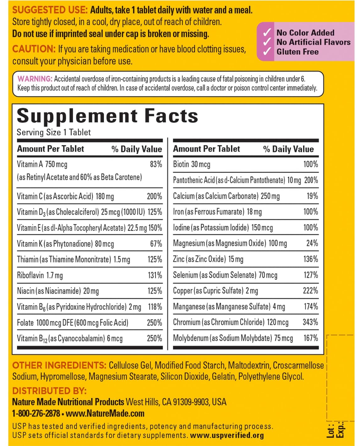 Flacon de Nature Made Multivitamines pour Femmes 300 Tablettes, étiquette détaillée