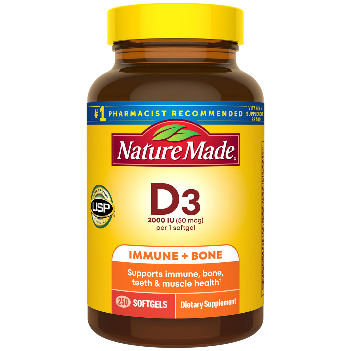 Flacon de Nature Made Vitamine D3 2000 IU 250 gélules molles