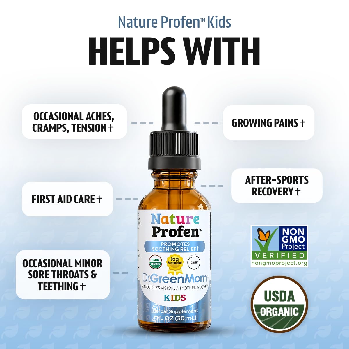 Flacon de Nature Profen Dr. Green Mom avec des herbes biologiques en arrière-plan