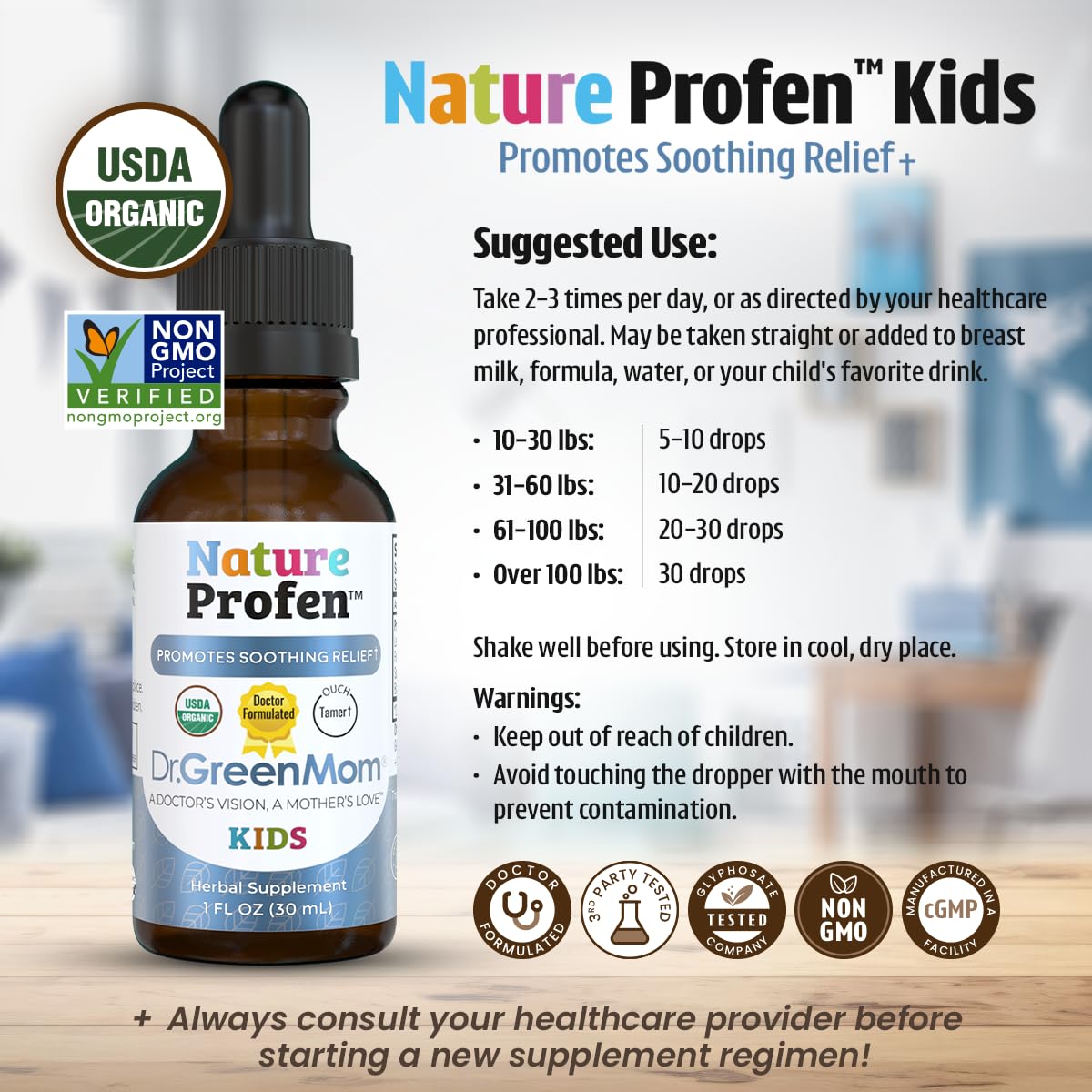 Flacon de Nature Profen Dr. Green Mom sur une table en bois