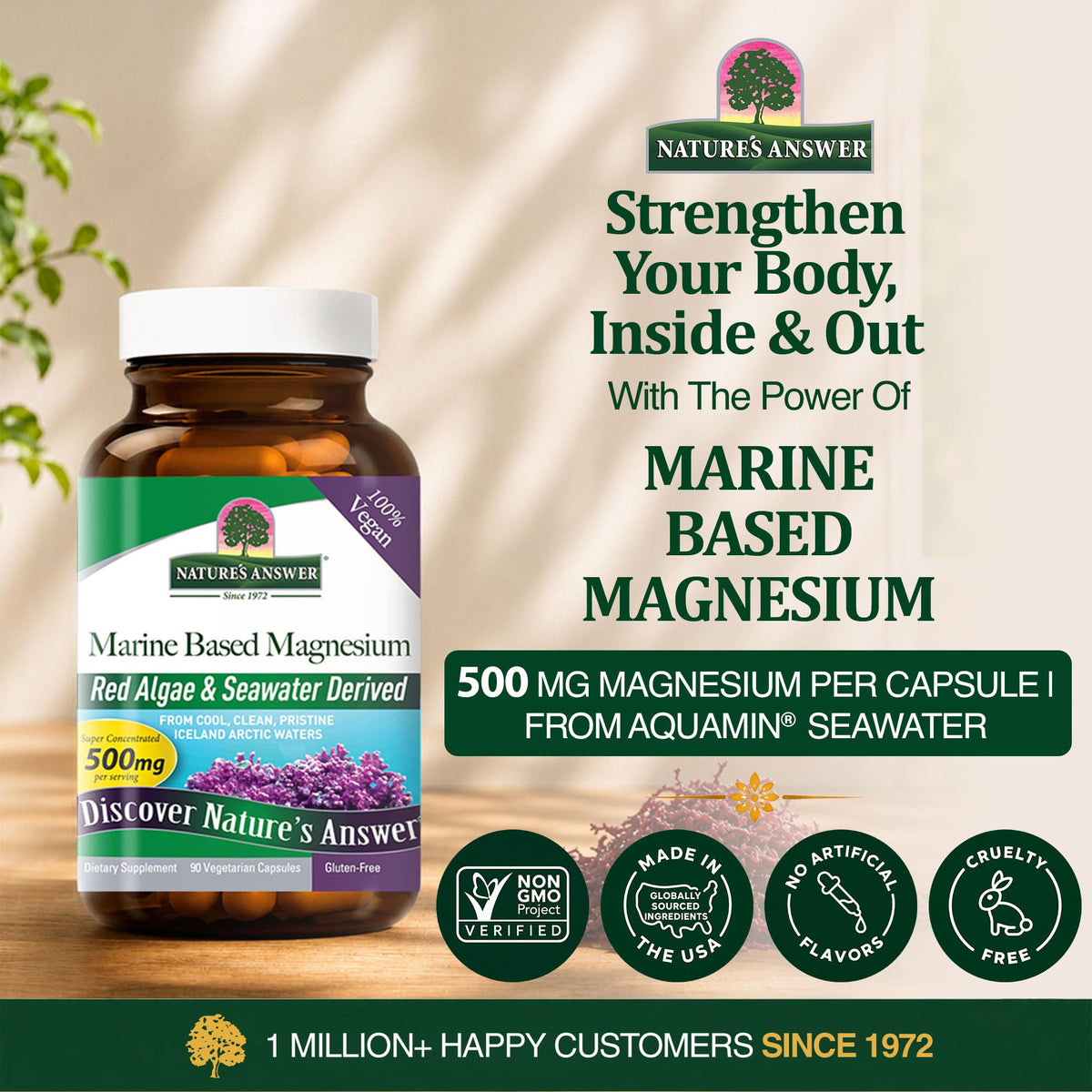 Flacon de Nature's Answer Magnésium Marin 500mg, étiquette visible