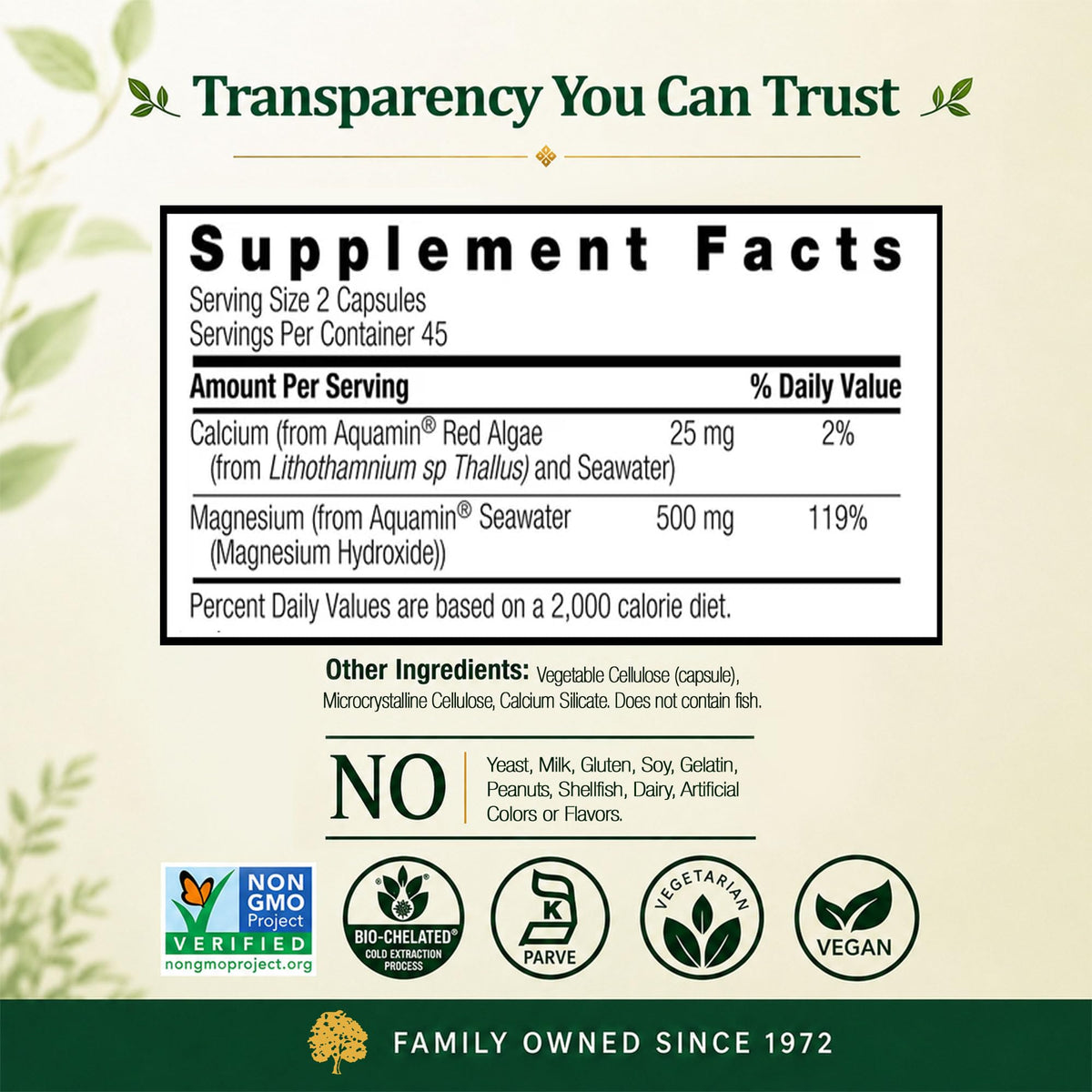 Flacon de Nature's Answer Magnésium Marin 500mg, ouvert avec gélules à l'intérieur