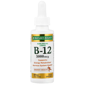 Flacon de Nature's Bounty B-12 5000 mcg liquide, étiquette détaillée