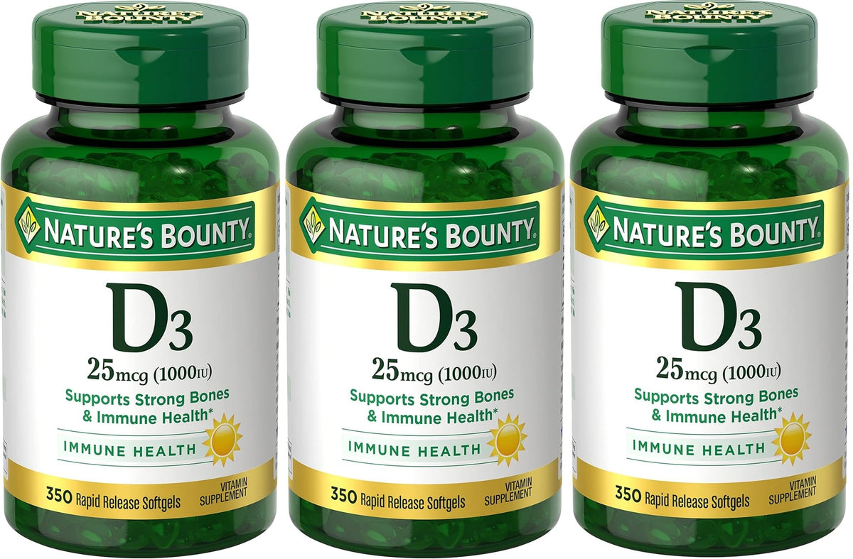 Flacon de Nature's Bounty Vitamine D3 1000 UI 350 gélules vue de face
