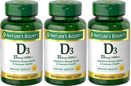 Flacon de Nature's Bounty Vitamine D3 1000 UI 350 gélules vue de face