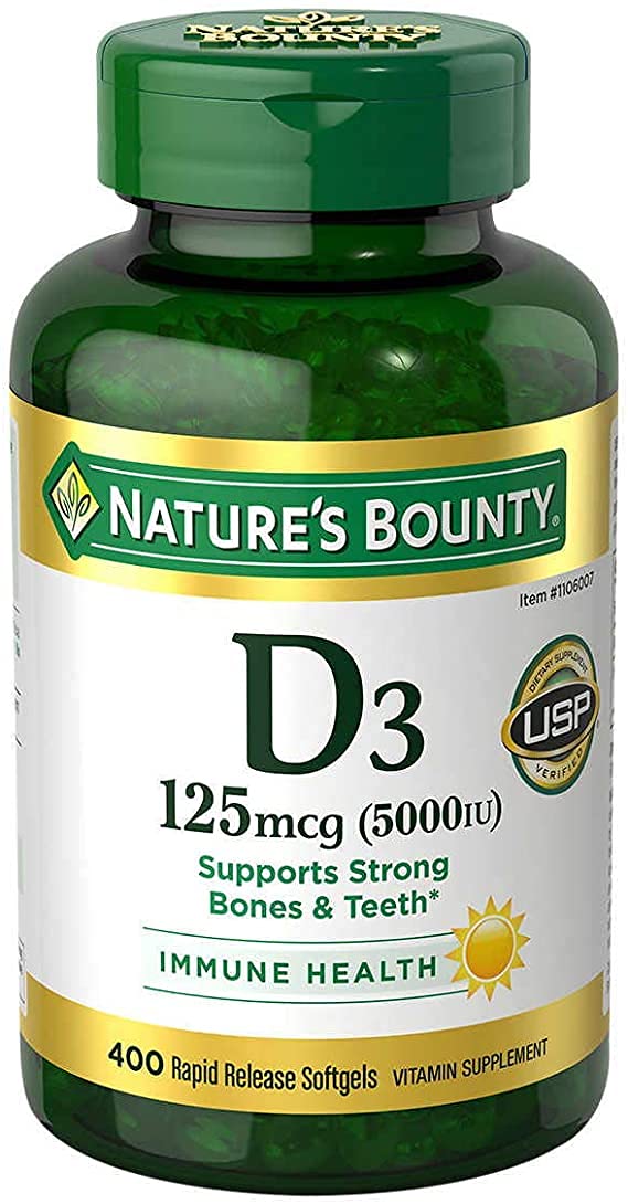 Flacon de Nature's Bounty Vitamine D3 5000 IU 400 gélules vue de face