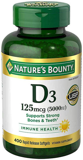 Flacon de Nature's Bounty Vitamine D3 5000 IU 400 gélules vue de face