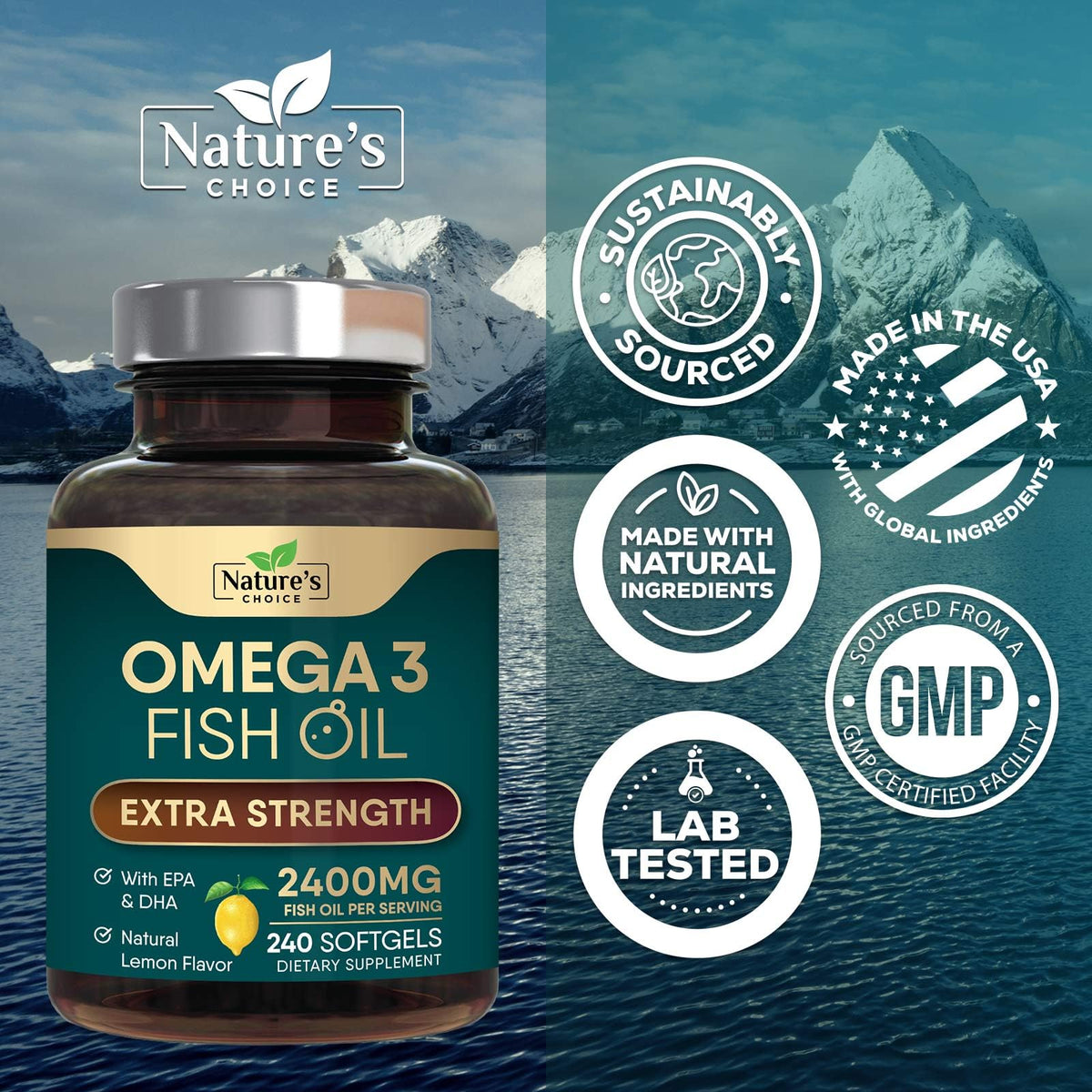 Flacon de Nature's Choice Omega 3 Huile de Poisson 2400mg
