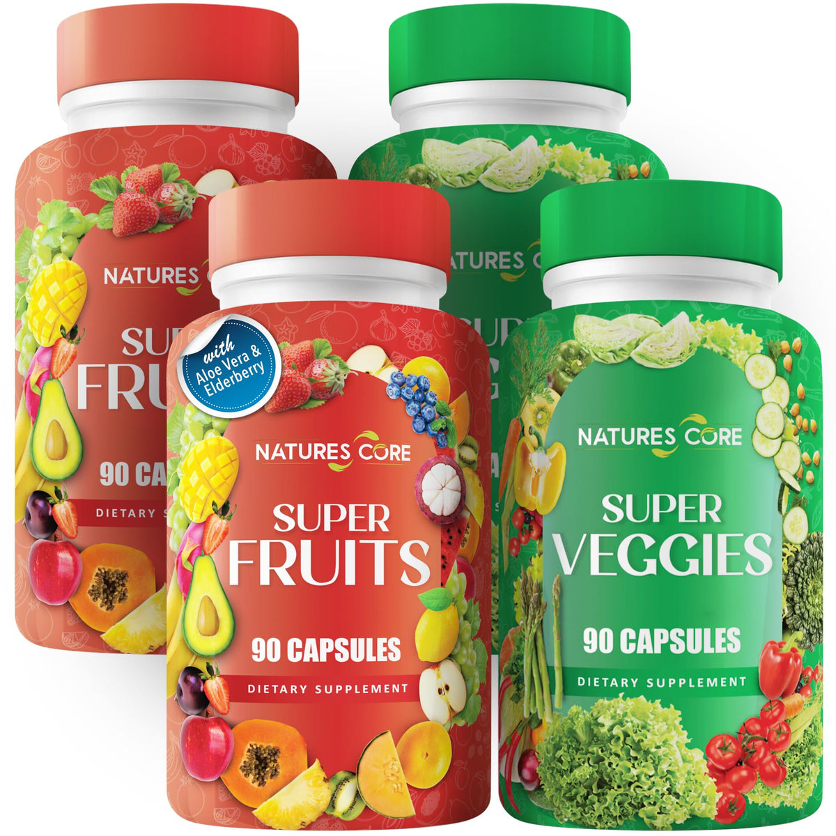 Flacon de Nature's Core Complément Alimentaire Fruits et Légumes 360 gélules vue de face