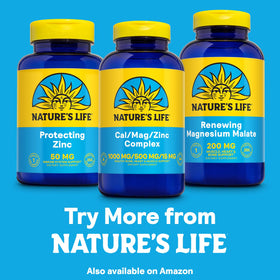 Flacon de Nature's Life Cal Mag Zinc Complex sur une table en bois