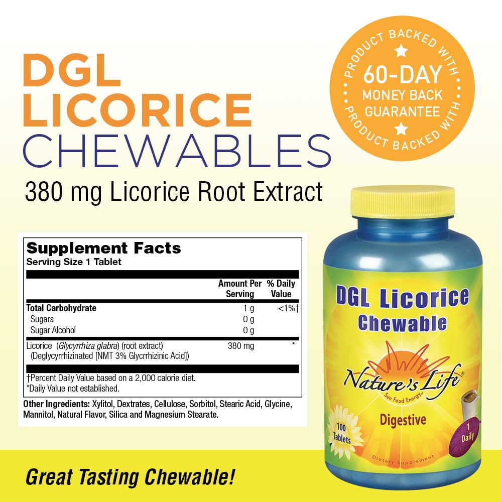 Flacon de Nature's Life DGL Tablettes de Réglisse, étiquette et contenu