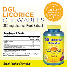 Flacon de Nature's Life DGL Tablettes de Réglisse, étiquette et contenu