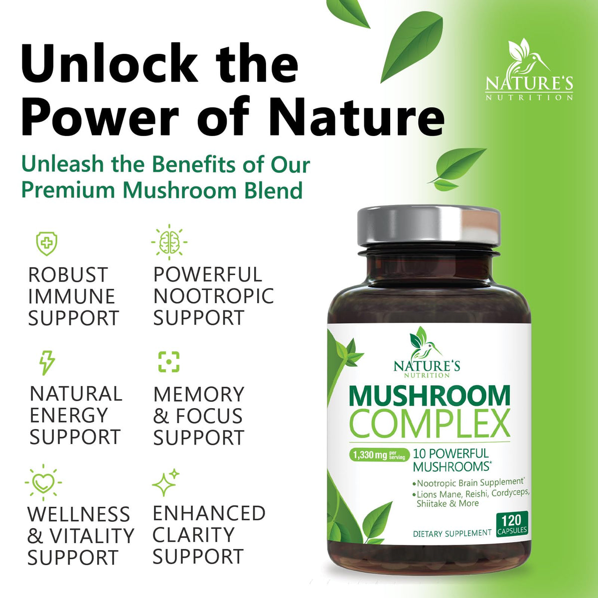 Flacon de Nature's Nutrition avec étiquette visible et capsules à l'intérieur