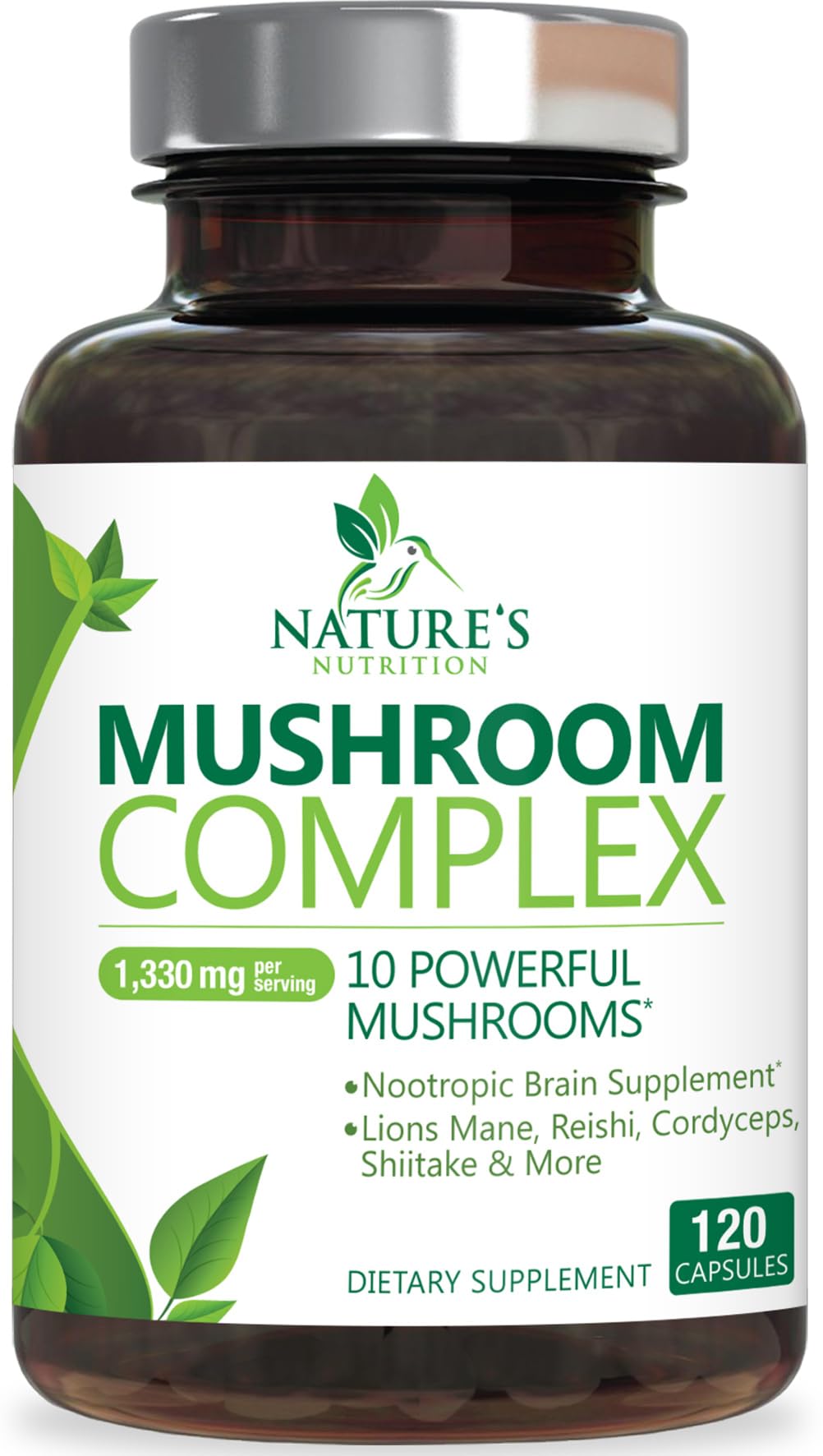 Flacon de Nature's Nutrition Complément Champignon 10 en 1 120 Capsules