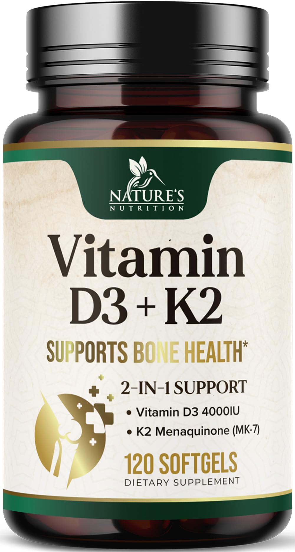 Flacon de Nature's Nutrition D3 K2 4000 IU 120 gélules